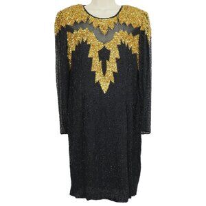 TJ Wear Womens Medium Black Gold Beaded Long Sleeve Mesh Cutout Formal Dress NEW